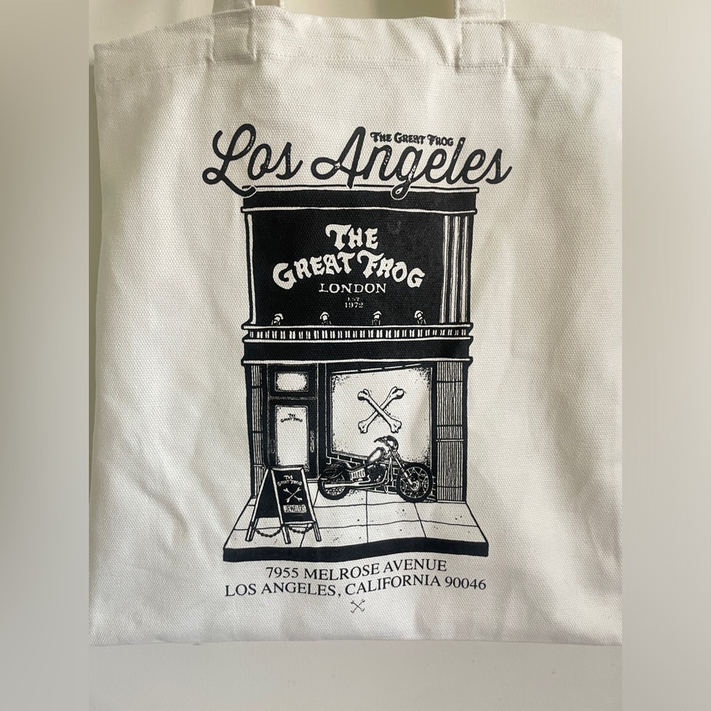 New The Great Frog LA MELROSE LONDON 10th year cream graphic design tote bag pin